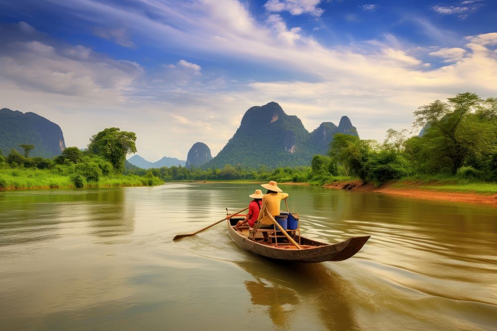 A couples ride boat at river landscape outdoors vacation.