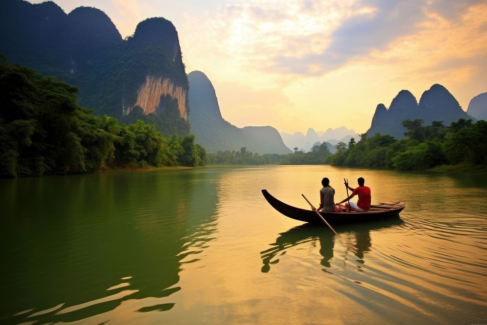 A couples ride boat at river landscape outdoors vacation.