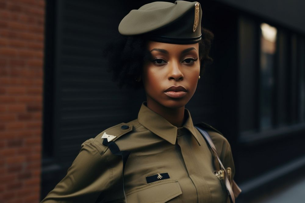 Black woman in military outfit adult architecture accessories.