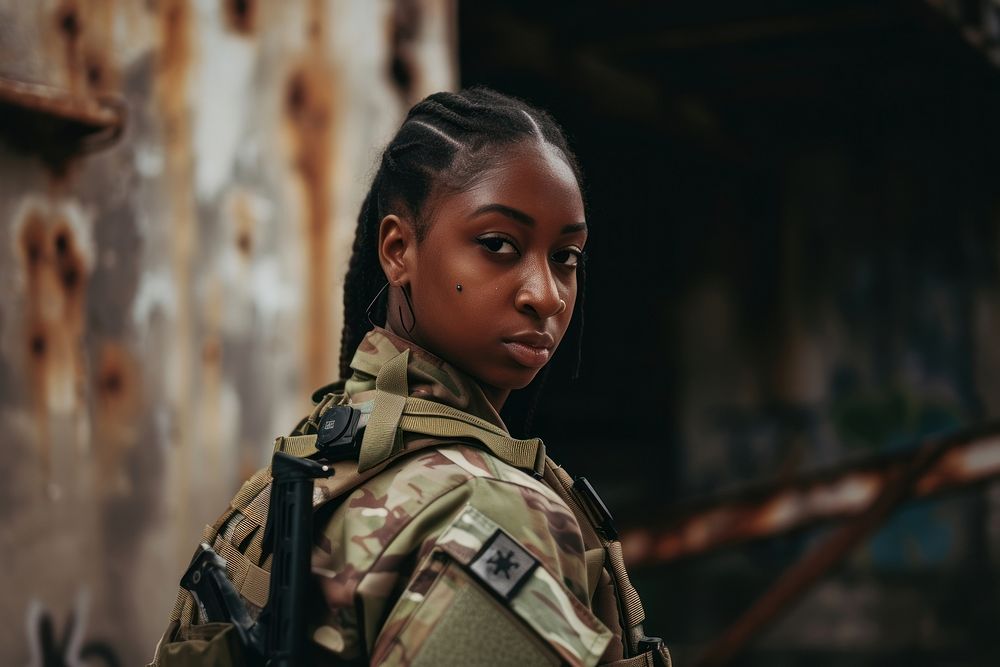 Black female in military outfit soldier army architecture.