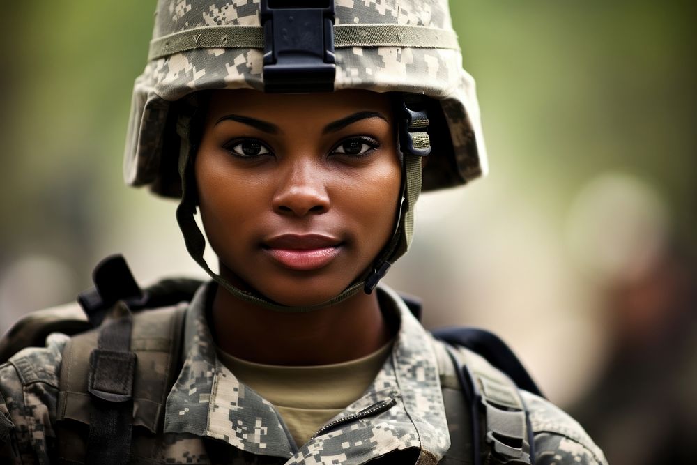 Black female soldier military helmet army.