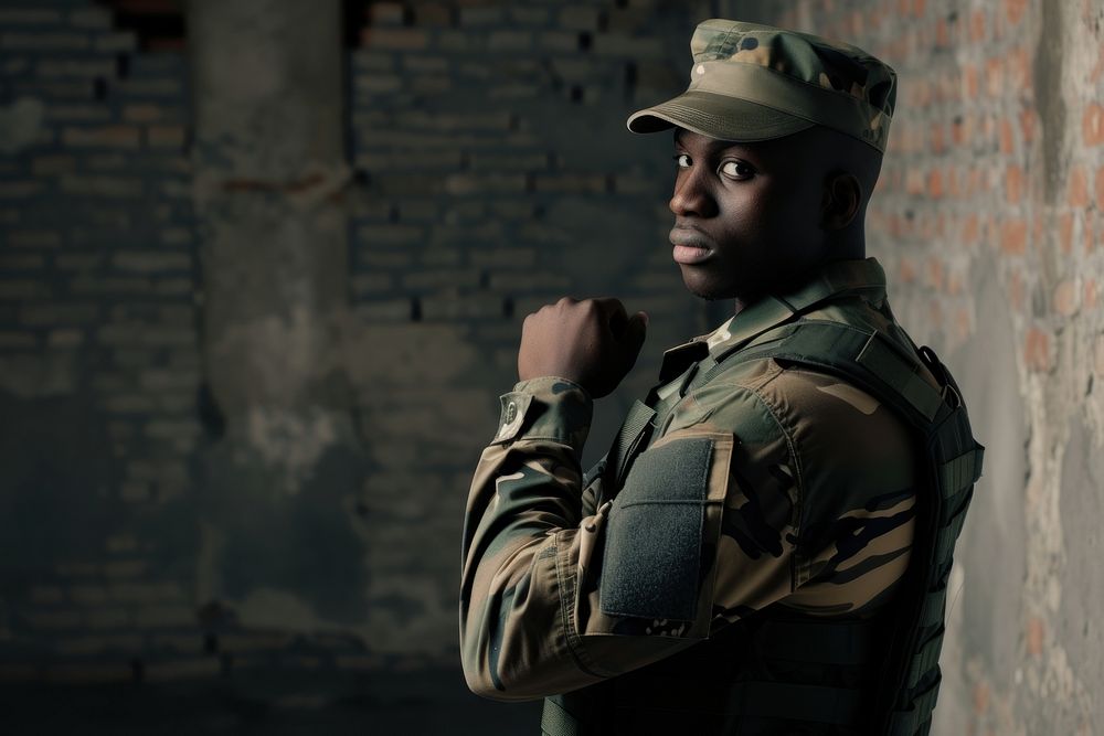 Black male in military outfit soldier adult architecture.