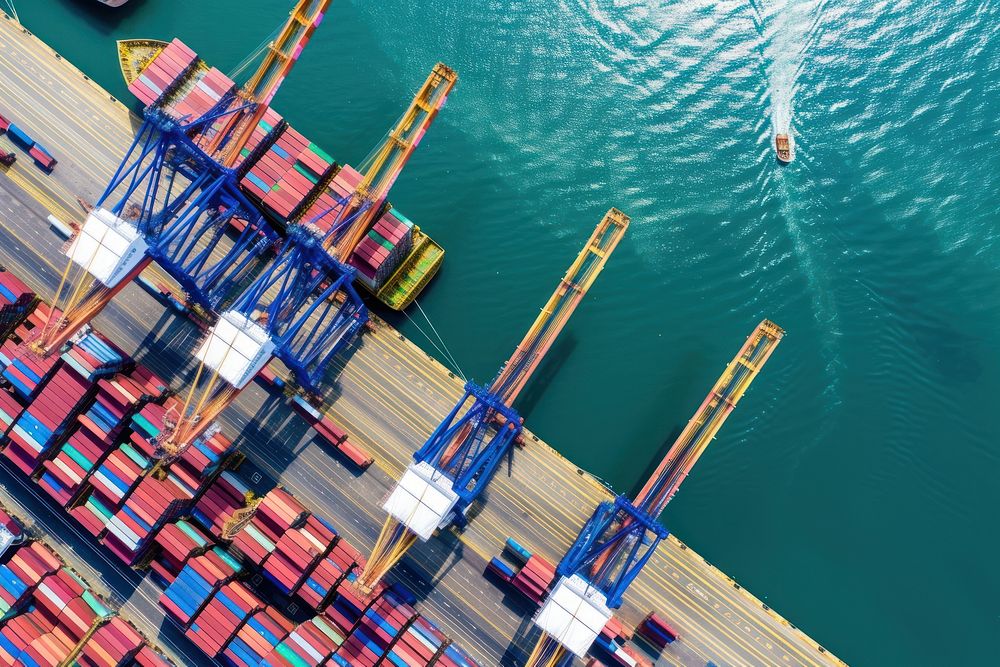 Container ship at dock waterfront vehicle transportation.