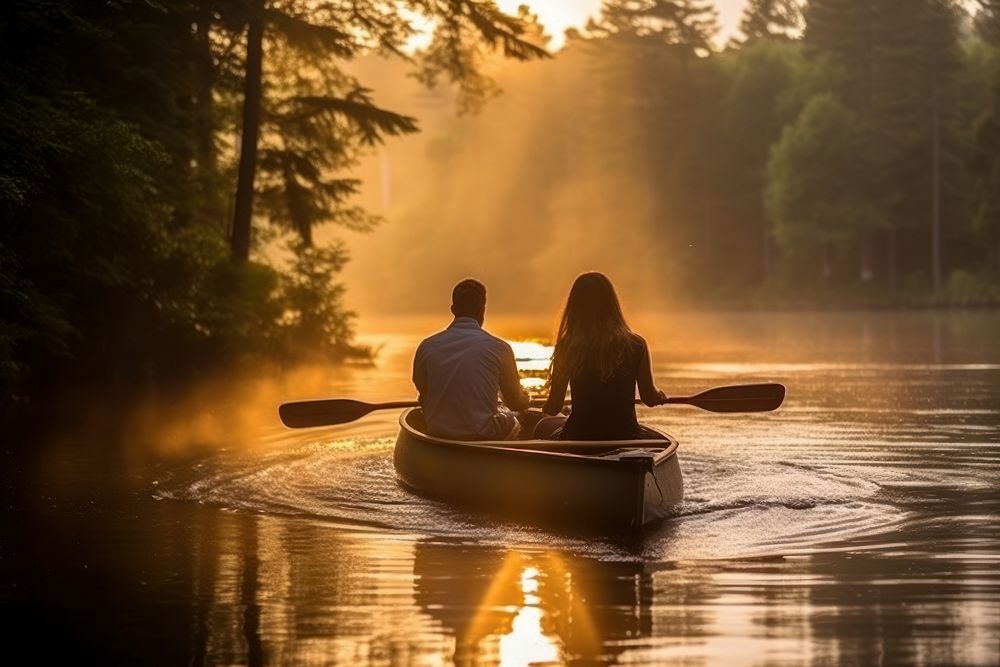 Couple canoeing recreation vehicle nature.