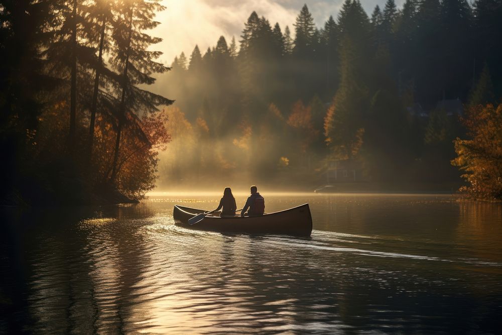 Couple walking canoe vehicle rowboat.