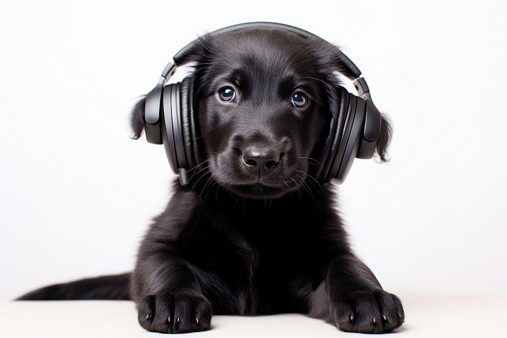 Puppy balck golden retriever headphones sitting headset.