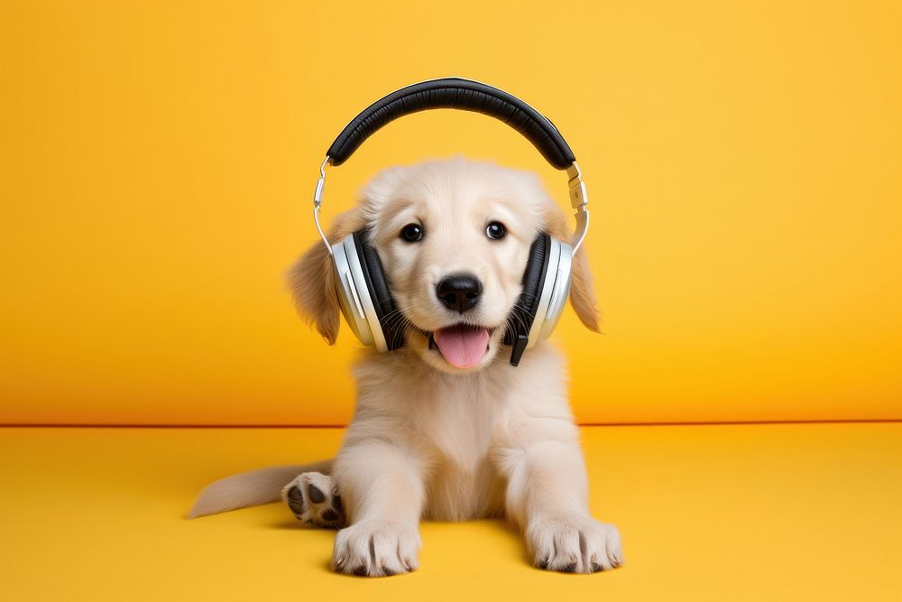 Puppy golden retriever headphones headset mammal.