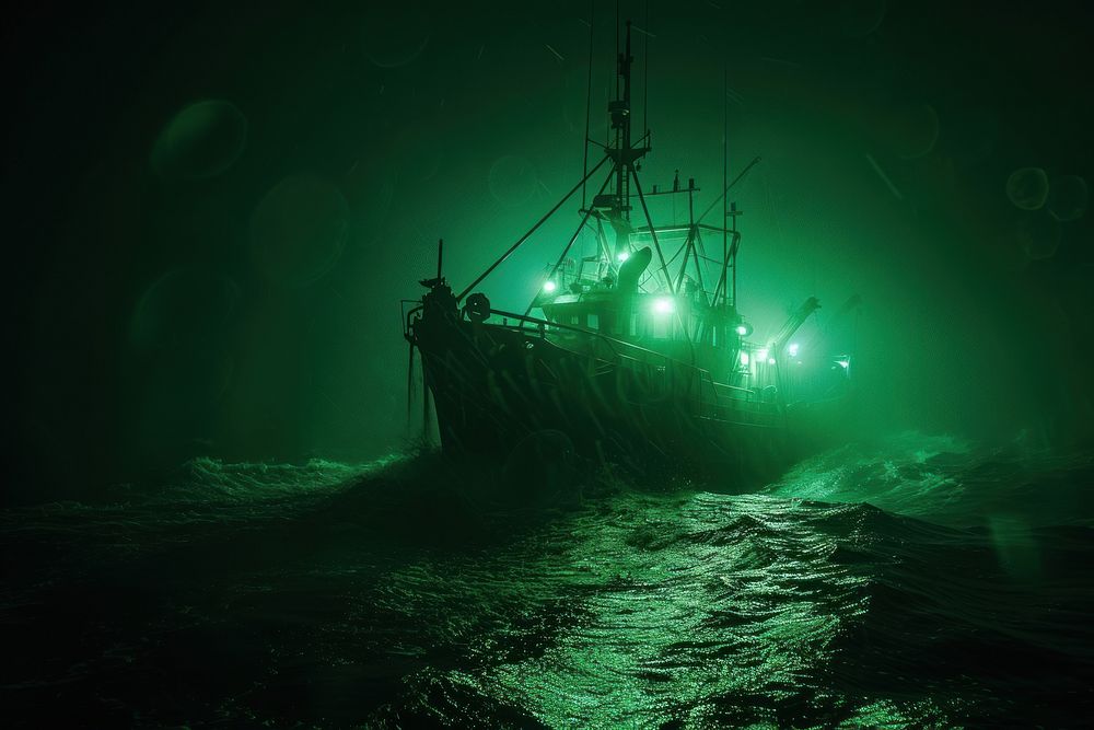 Squid boat night ocean shipwreck.