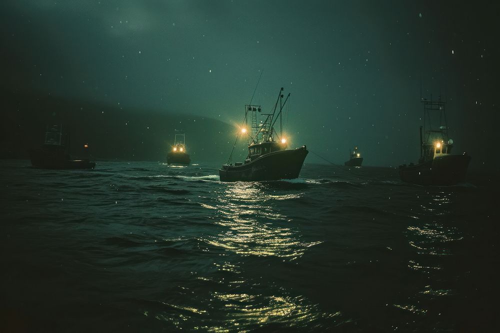 Squid boats night ocean watercraft.