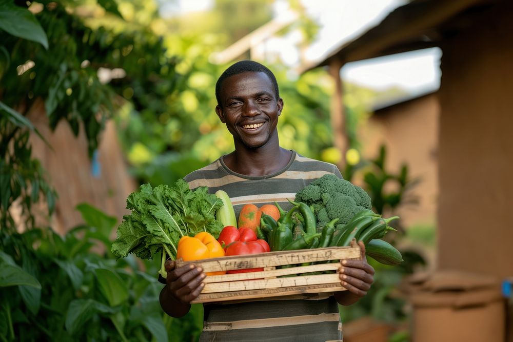 Young African Man with homemade vegetable box in hands portrait adult plant.