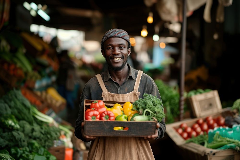 Young African Man with homemade vegetable box in hands portrait adult architecture.