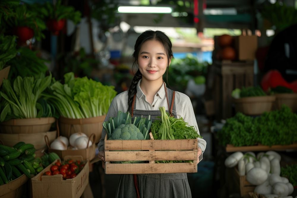 Young Chinese woman with homemade vegetable box in hands portrait adult plant.