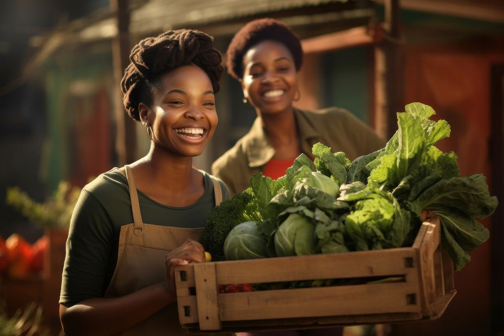 African-American women carrying a vegetable box adult smile plant.