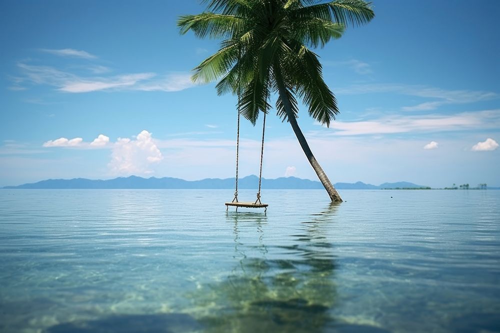 Swing hanging from palm tree summer outdoors sailboat.