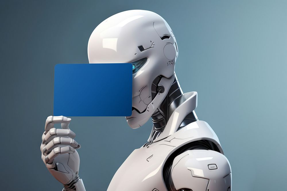 Robot holding blue card