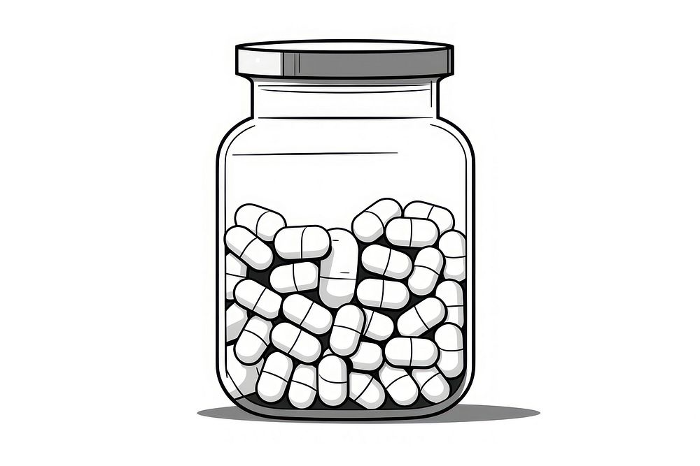 Pills bottle glass jar white background.