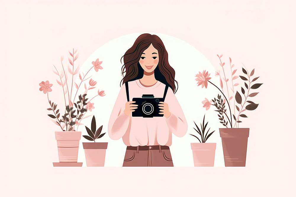 A woman holding a camera flower adult plant.