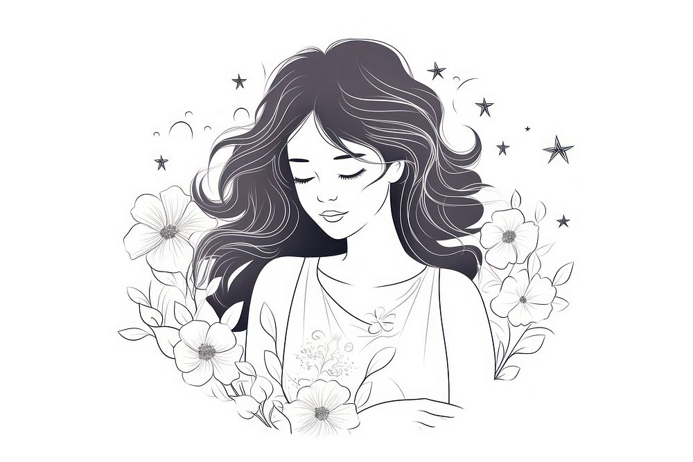 A woman hugging flowers drawing sketch adult.