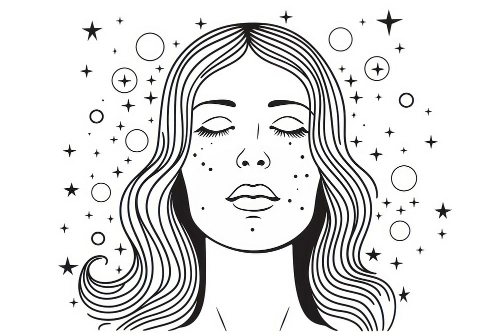 A woman surrounded by stars drawing portrait sketch.