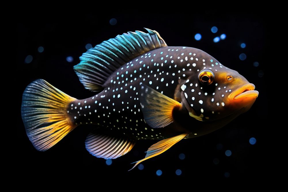 Clown triggerfish sparkle light glitter animal nature black background.