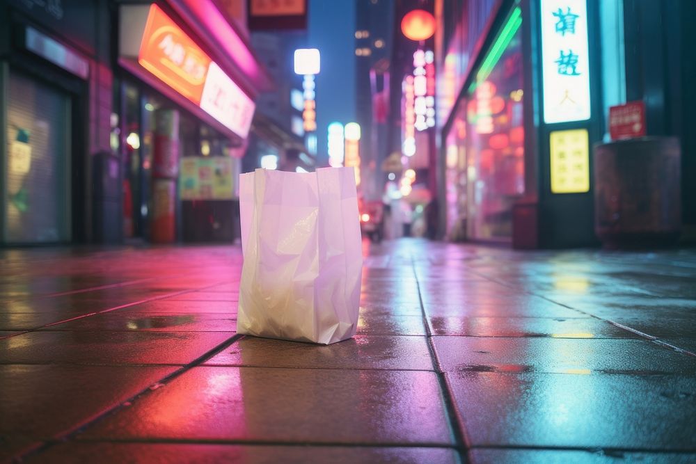 2 white paper shopping bag on the floor street night city road.
