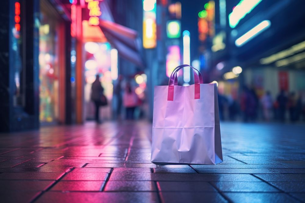 2 white paper shopping bag on the floor street handbag night infrastructure.