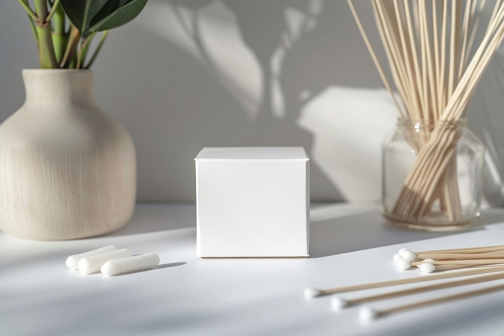 Bamboo cotton buds box packaging  table white vase.