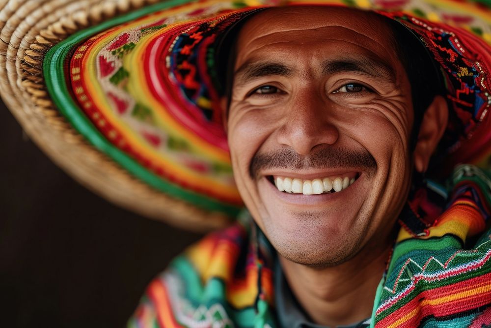 Extreme close up of man in mexican costume photography portrait laughing.