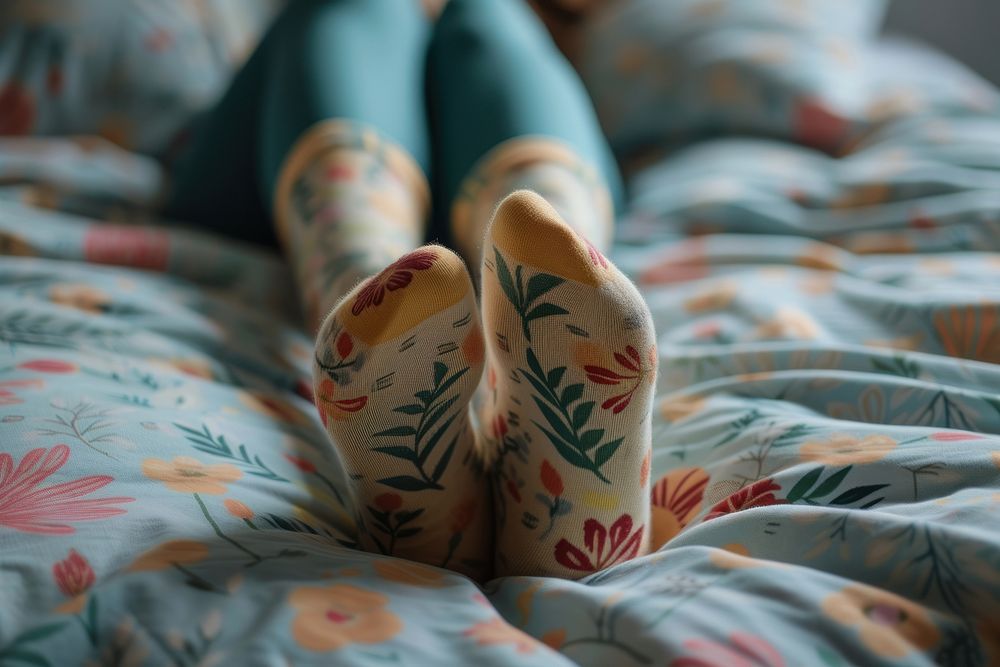 Extreme close up of Woman wearing socks in bed comfortable relaxation furniture.