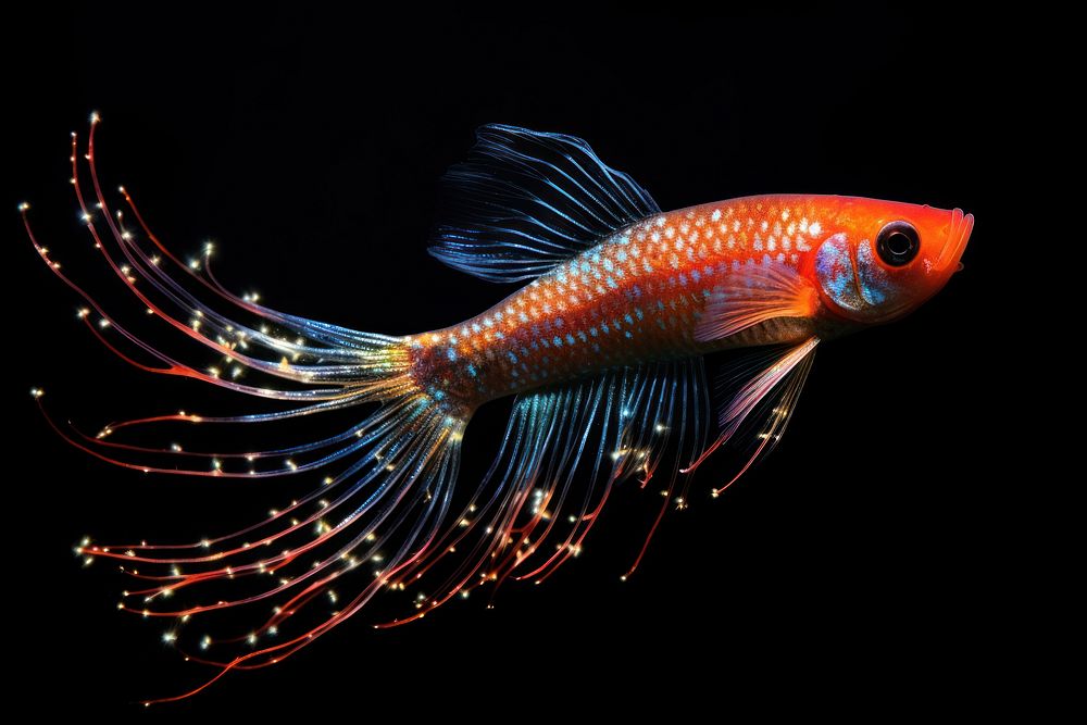 Firefish goby sparkle light glitter animal black background pomacentridae.