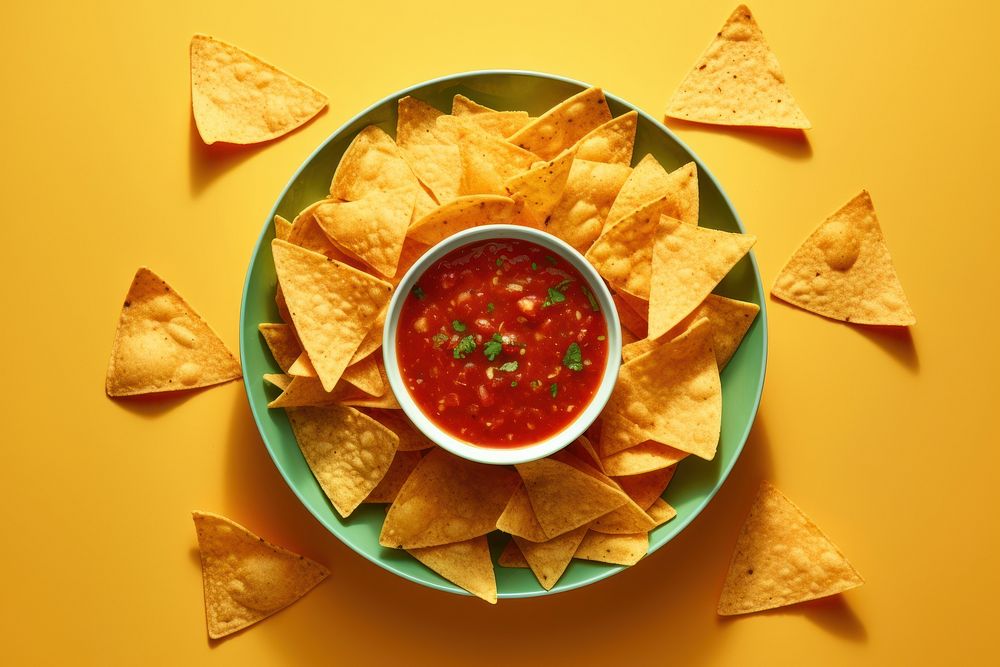 Salsa with tortilla chips ketchup food condiment.