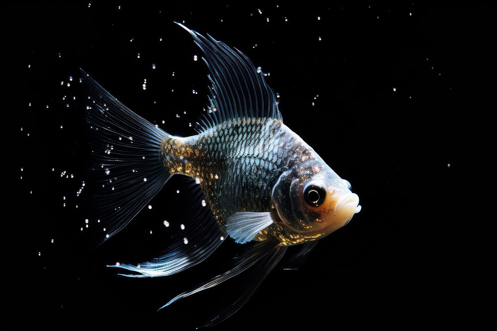 Freshwater angelfish sparkle light glitter animal black background underwater.
