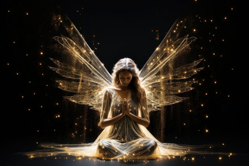 Angel praying sparkle light glitter sparks gold black background.