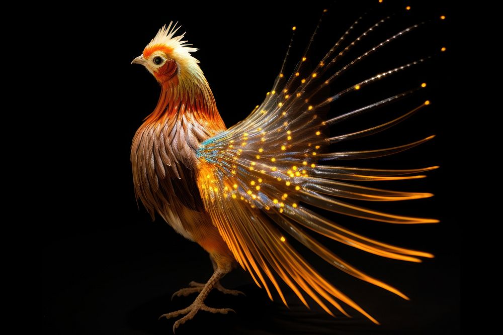 Golden pheasant bird sparkle light glitter chicken animal black background.