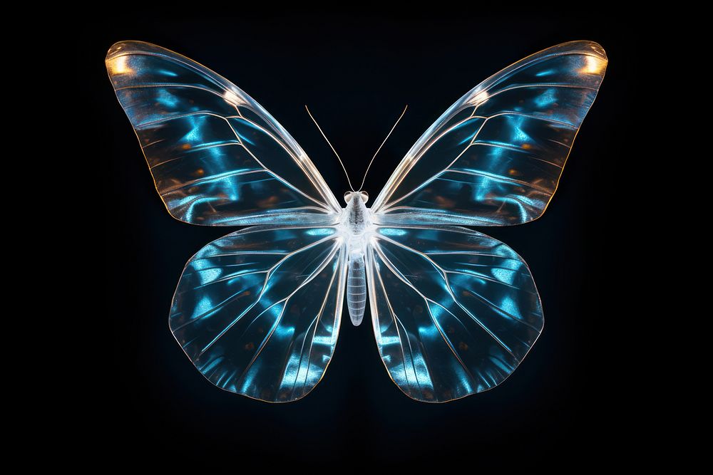 Glasswing butterfly sparkle light glitter animal insect black background.