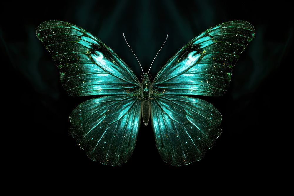 Emerald swallowtail butterfly sparkle light glitter animal insect black background.
