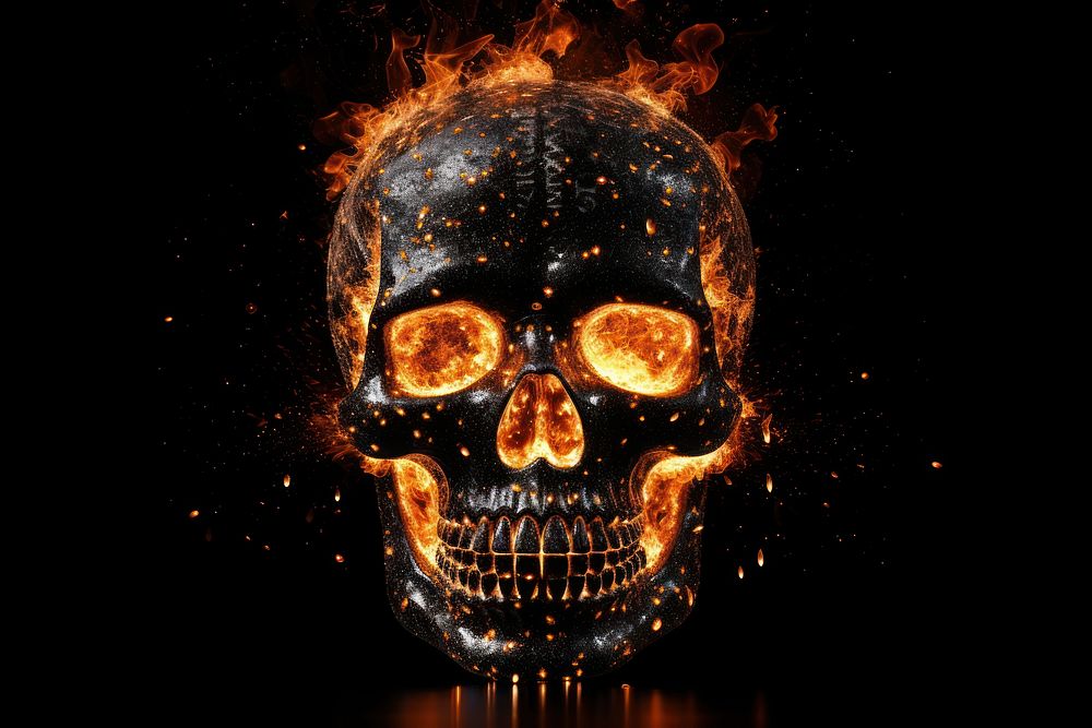 Fiery skull sparkle light glitter bonfire black background illuminated.