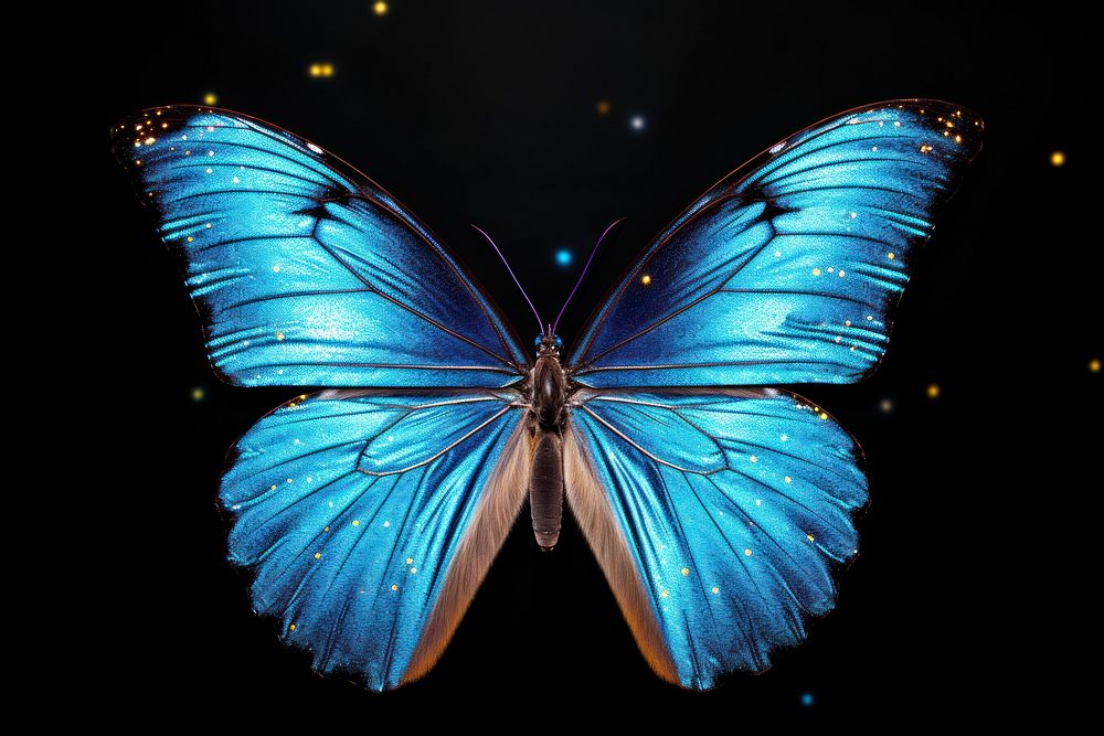 Morpho butterfly sparkle light glitter animal insect black background.