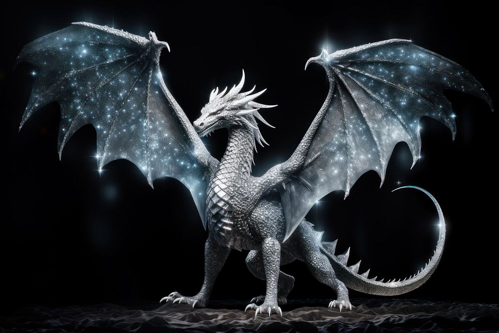 Magestic white dragon sparkle light glitter animal black background representation.