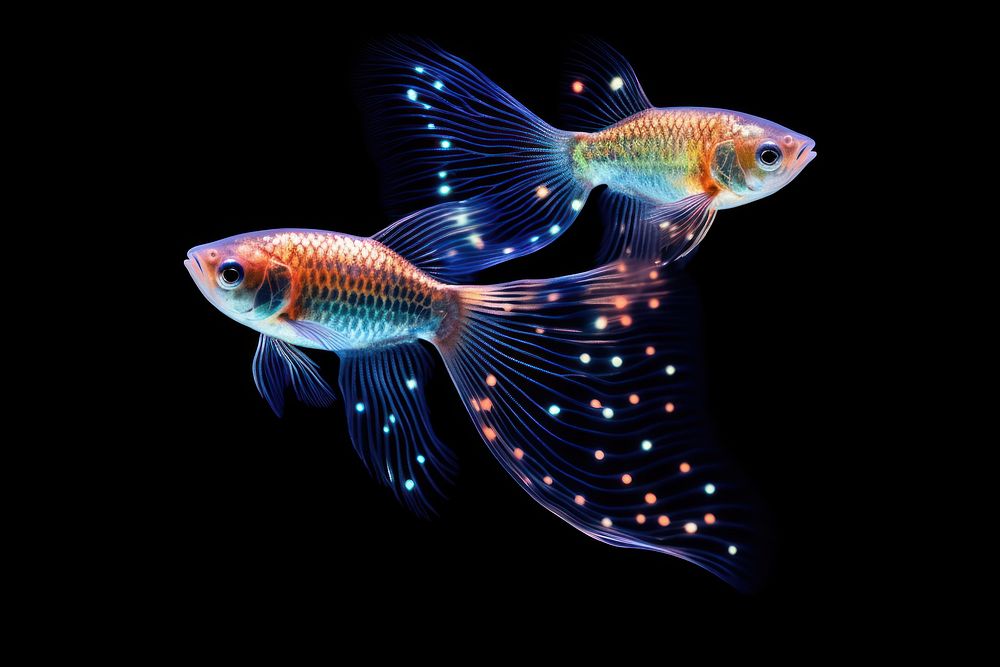 Guppies fish sparkle light glitter animal black background pomacentridae.