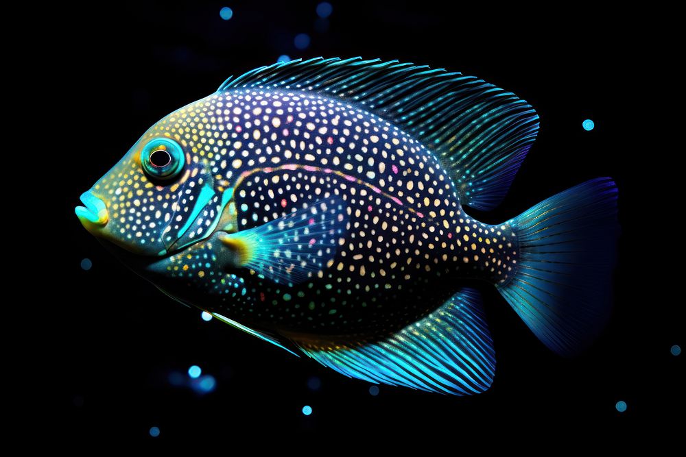 Lagoon triggerfish sparkle light glitter animal black background pomacanthidae.