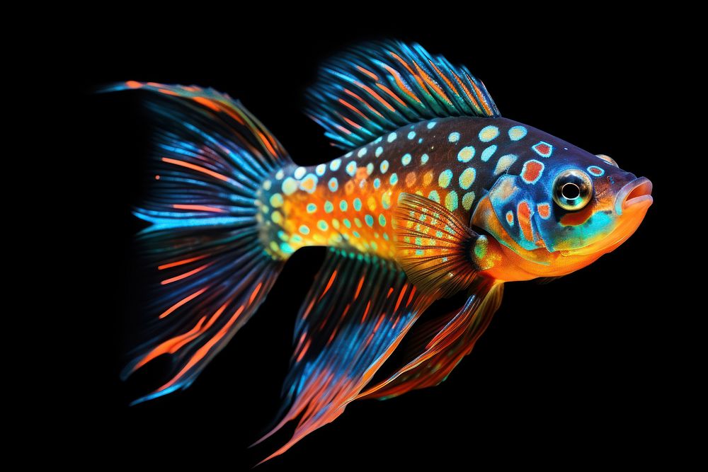 Mandarin fish sparkle light glitter animal black background pomacentridae.