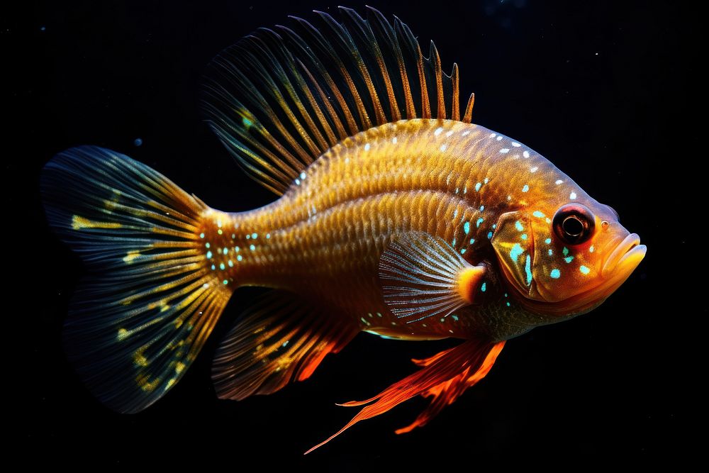 Ram cichlid fish sparkle light glitter animal black background pomacanthidae.