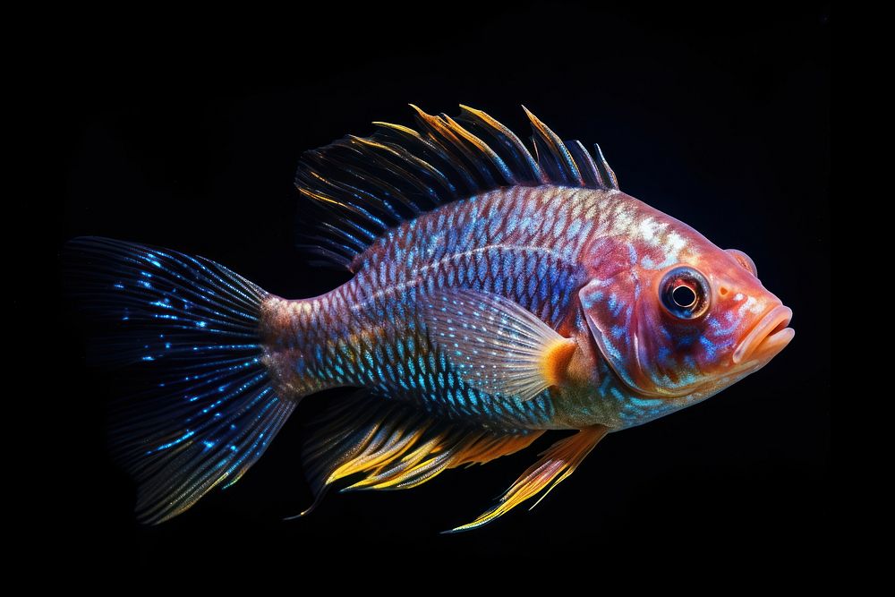 Ram cichlid fish sparkle light glitter aquarium animal black background.