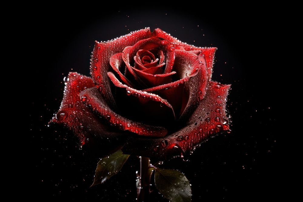 Red rose sparkle light glitter flower plant black background.
