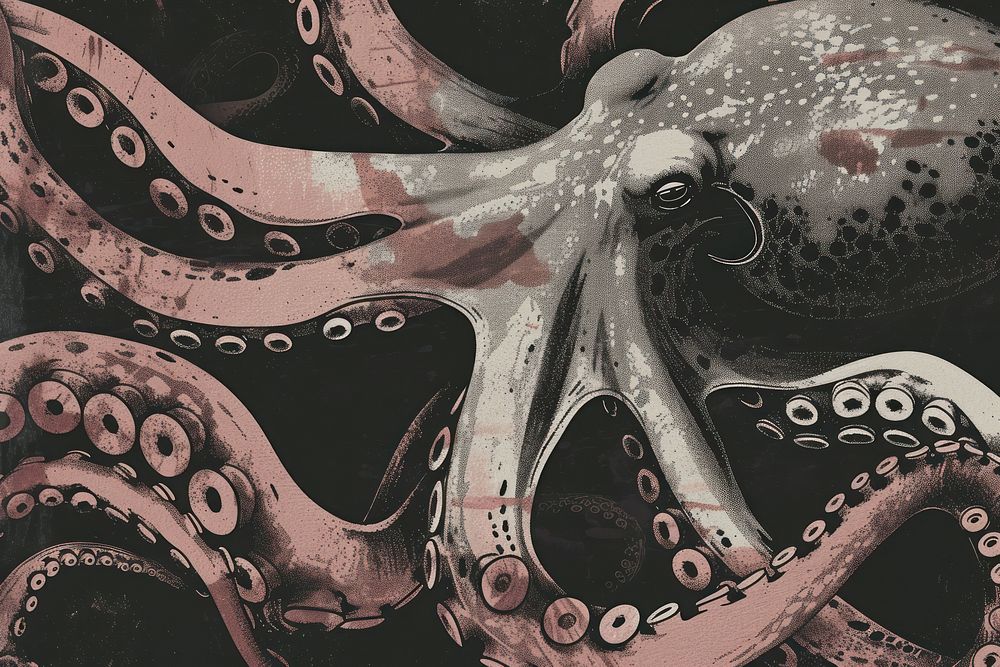 Silkscreen of an octopus animal nature art.