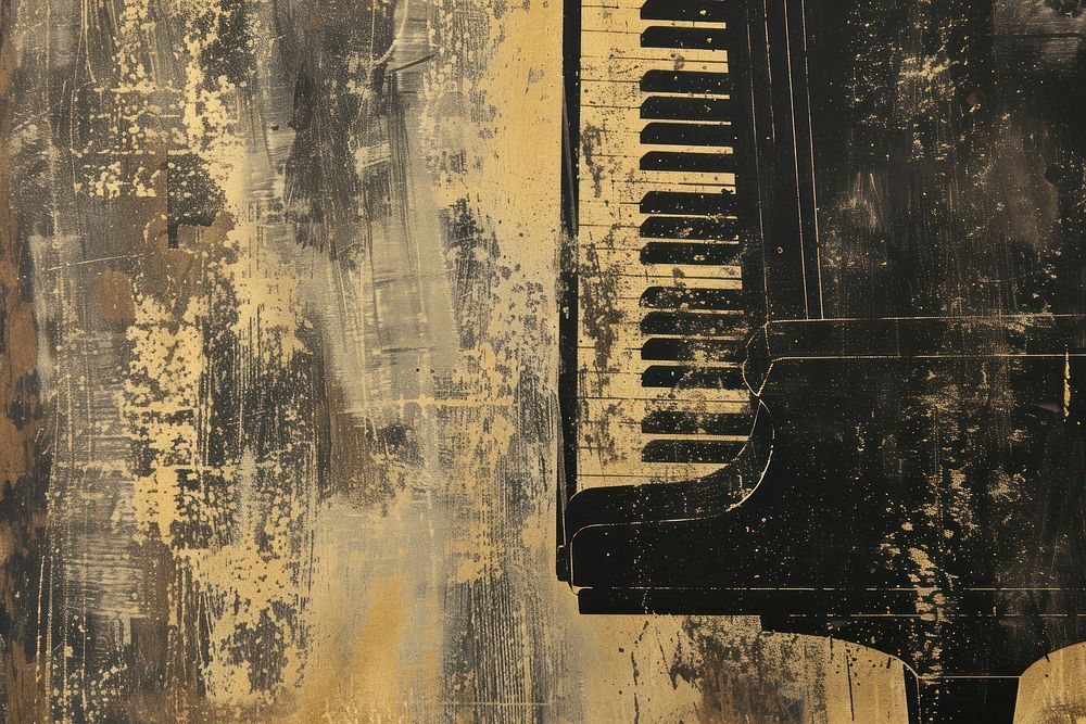 Silkscreen of a piano backgrounds textured black.