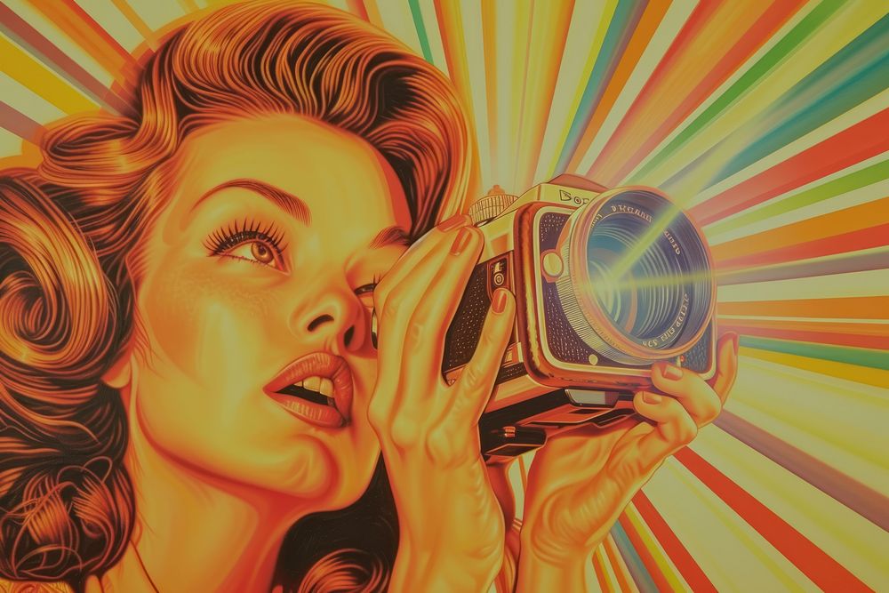 Woman using classic camera art painting portrait.