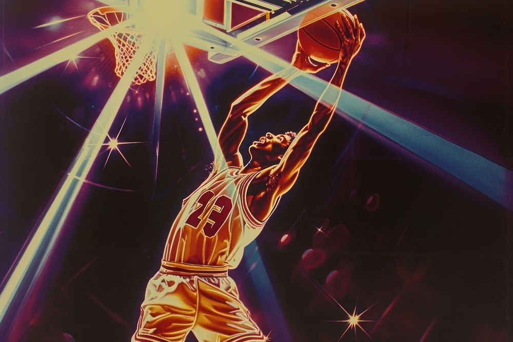 Man slamdunking basketball sports star illuminated.
