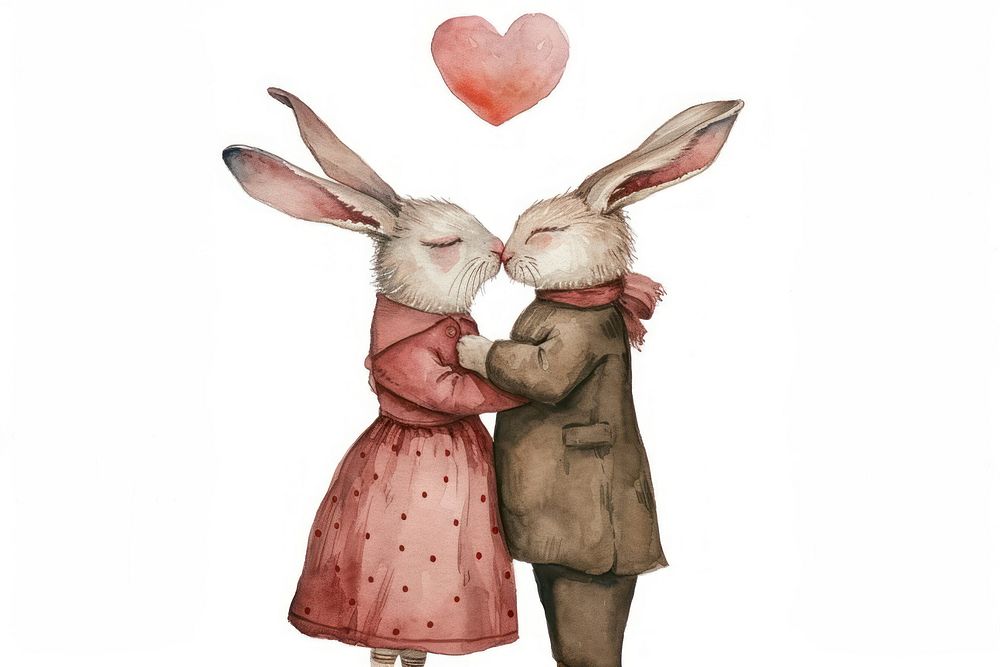 Two rabbits hugging watercolor mammal representation togetherness.